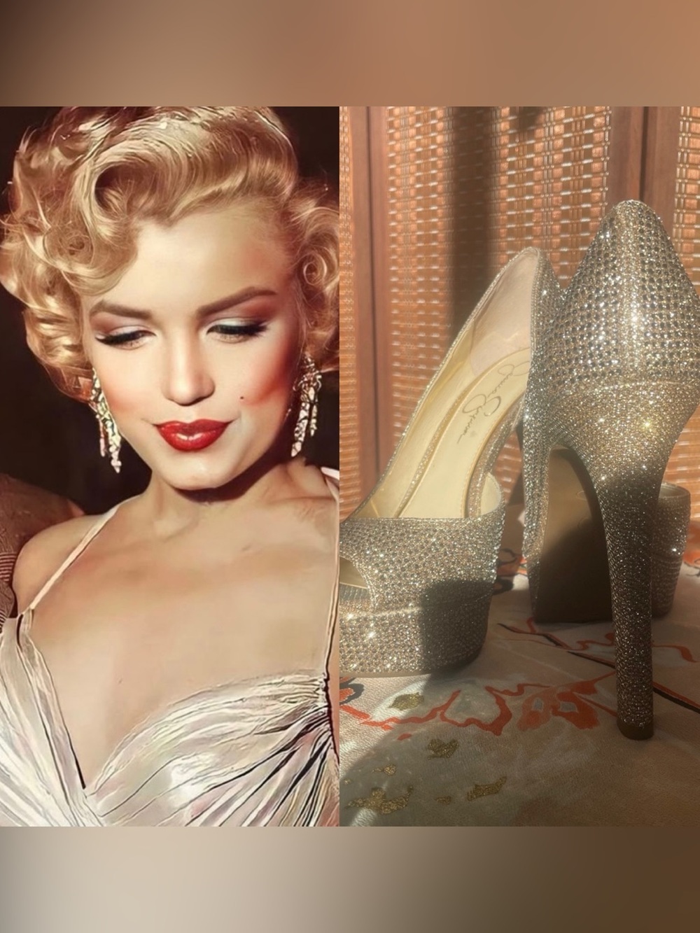♥️ Jessica Simpson Champagne Martella Rhinestone Platform Stiletto Pumps 8.5